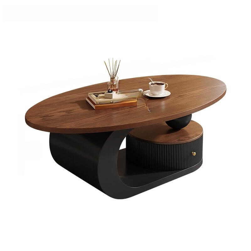 Modern Oval Coffee Table in Brown Wood and White Metal Base