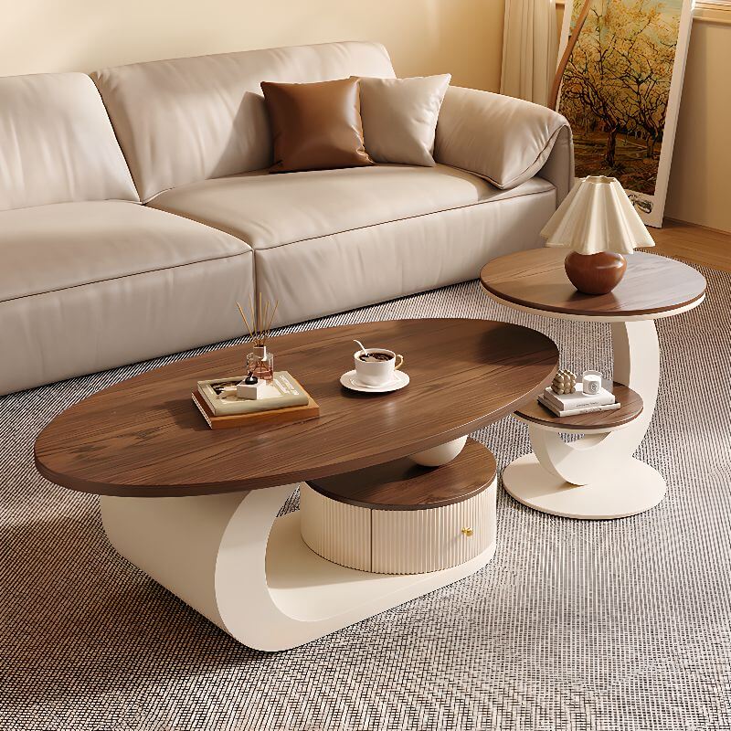 Moderner ovaler Couchtisch mit Stauraum – Holzplatte & Metallgestell