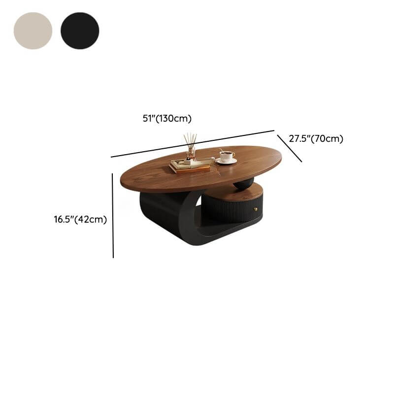 Modern Oval Coffee Table in Brown Wood and White Metal Base Dimensions