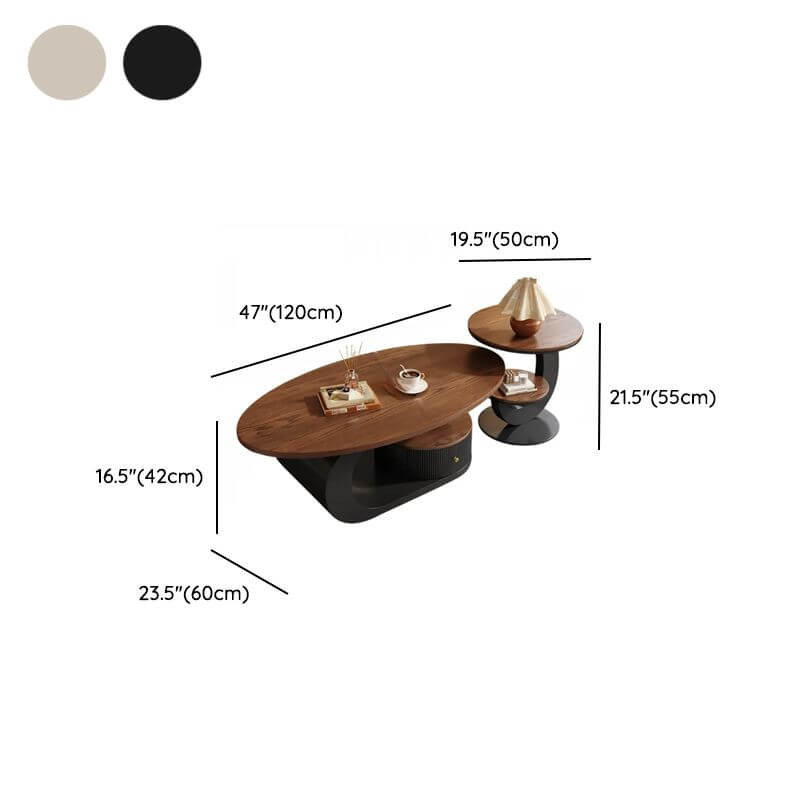Modern Oval Coffee Table in Brown Wood and White Metal Base Dimensions