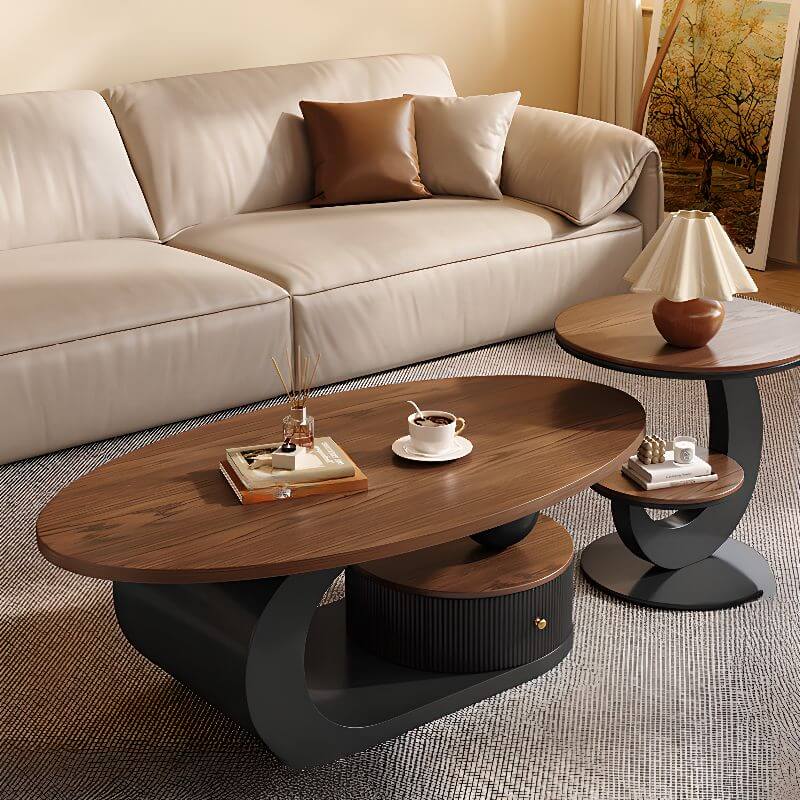 Moderner ovaler Couchtisch mit Stauraum – Holzplatte & Metallgestell