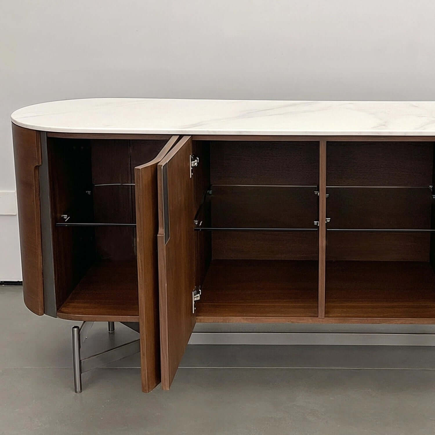 Modern Oval Sideboard with Marble Top & Walnut Veneer