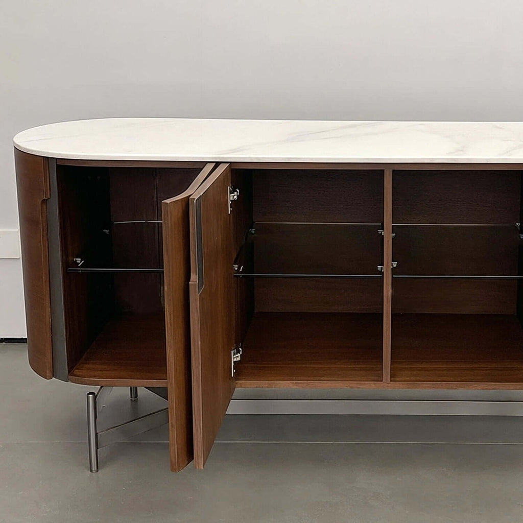 Modern Oval Sideboard with Marble Top & Walnut Veneer