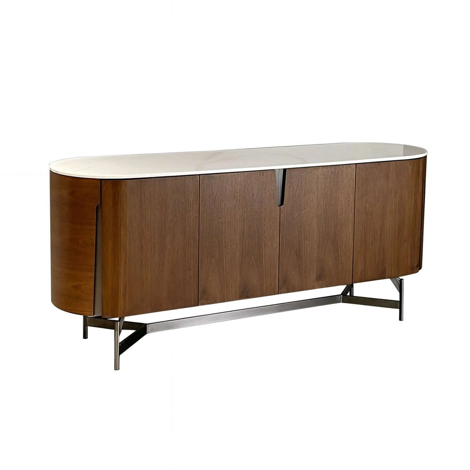 Modern Oval Sideboard with Marble Top & Walnut Veneer