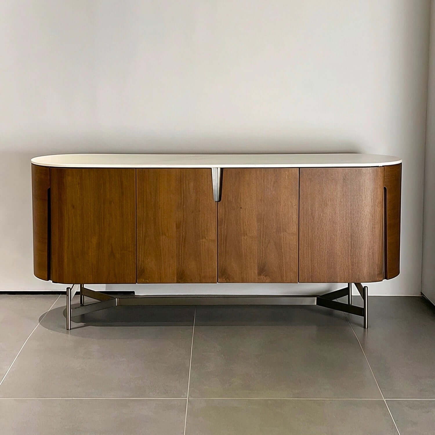 Modern Oval Sideboard with Marble Top & Walnut Veneer Main Product Image