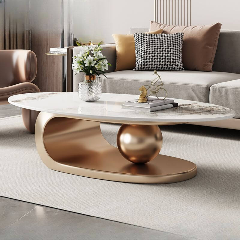 Modern Oval Sintered Stone Coffee Table with Abstract Metal Base