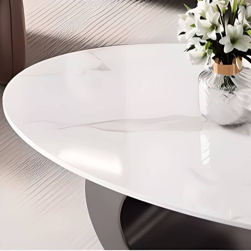Modern Oval Sintered Stone Coffee Table with Abstract Metal Base Imagen secundaria del producto