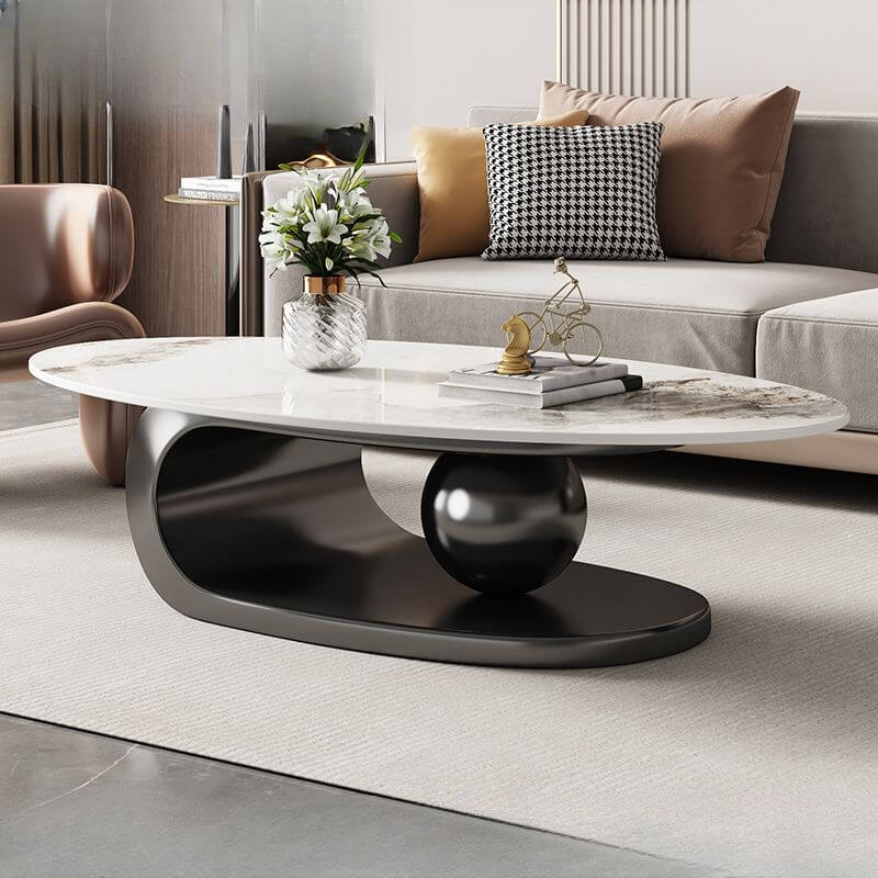 Modern Oval Sintered Stone Coffee Table with Abstract Metal Base
