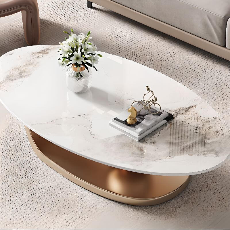 Modern Oval Sintered Stone Coffee Table with Abstract Metal Base Main Product Image