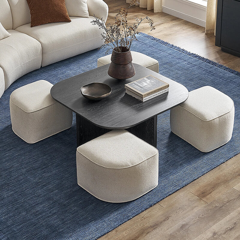 Modern Oval Solid Wood Coffee Table with Velvet Stool