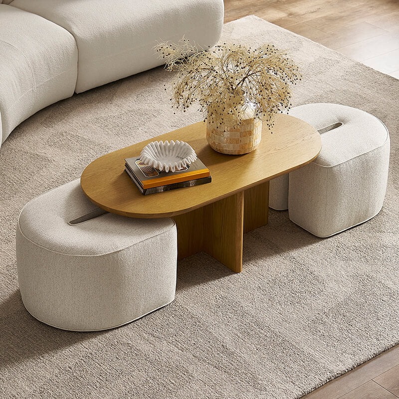 Modern Oval Solid Wood Coffee Table with Velvet Stool