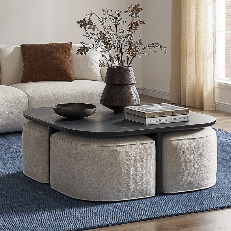 Modern Oval Solid Wood Coffee Table with Velvet Stool