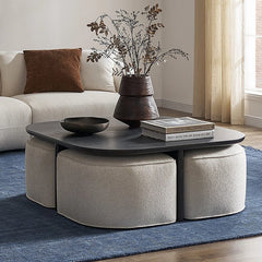 Modern Oval Solid Wood Coffee Table with Velvet Stool