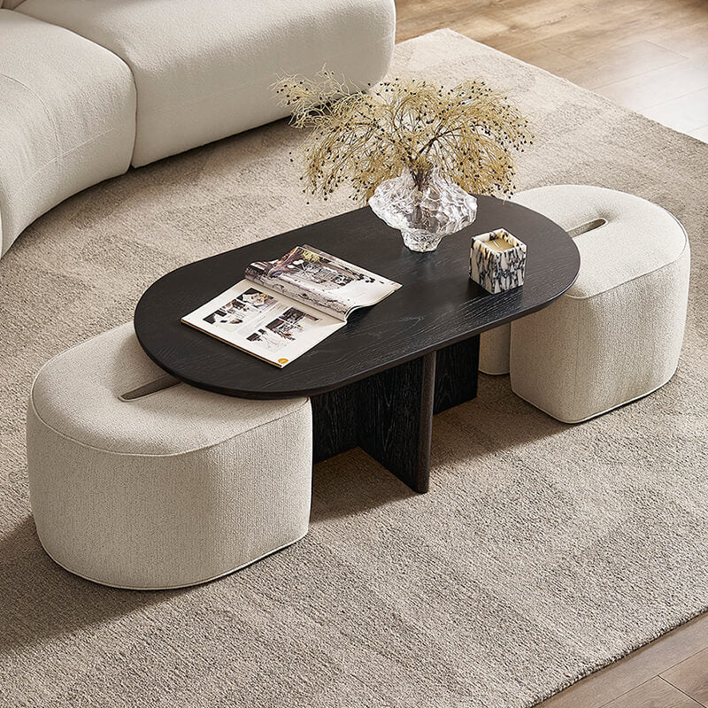 Modern Oval Solid Wood Coffee Table with Velvet Stool