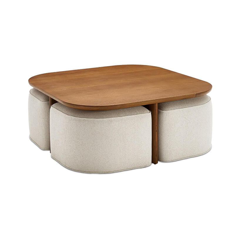 Modern Oval Solid Wood Coffee Table with Velvet Stool