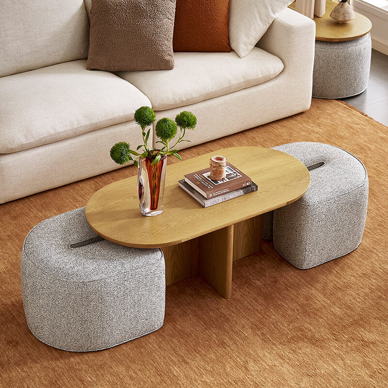 Modern Oval Solid Wood Coffee Table with Velvet Stool