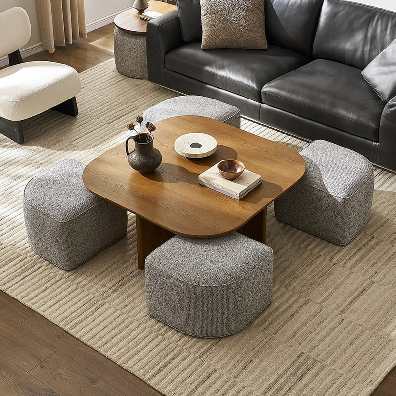 Modern Oval Solid Wood Coffee Table with Velvet Stool