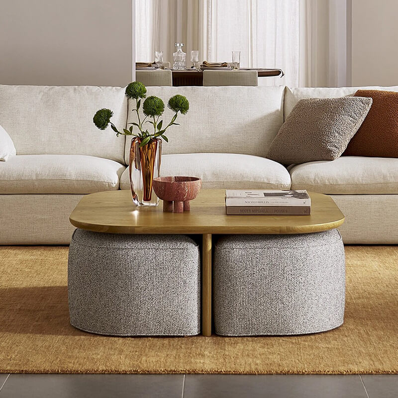 Modern Oval Solid Wood Coffee Table with Velvet Stool