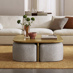Modern Oval Solid Wood Coffee Table with Velvet Stool