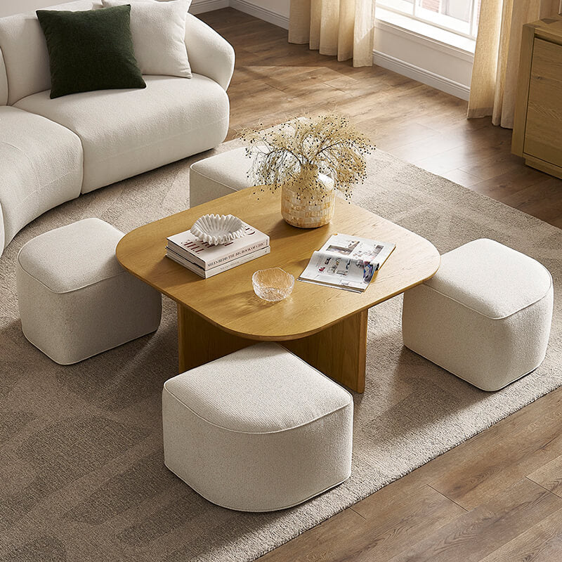 Modern Oval Solid Wood Coffee Table with Velvet Stool