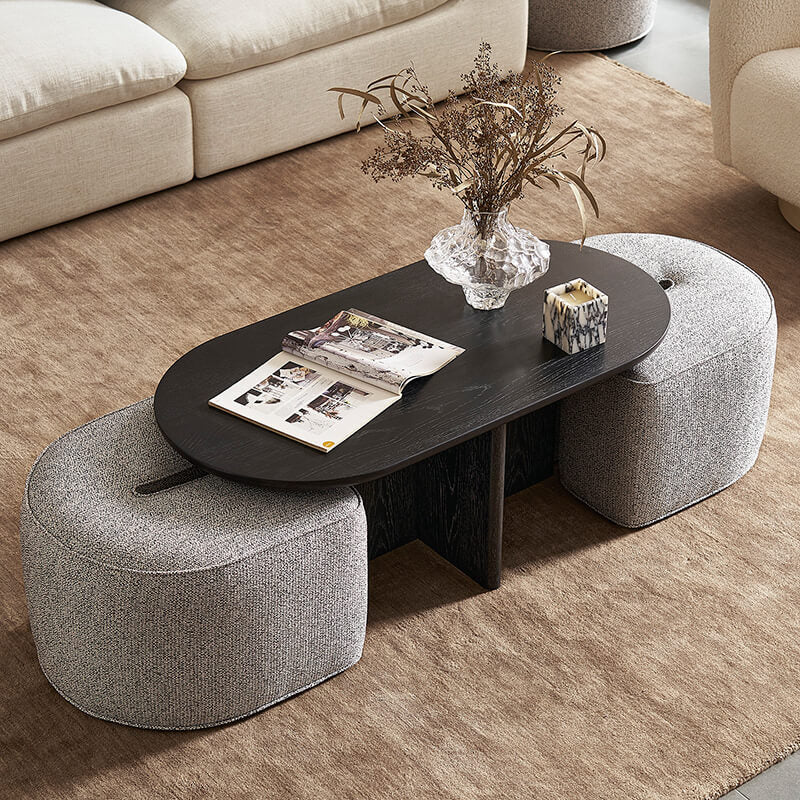 Modern Oval Solid Wood Coffee Table with Velvet Stool