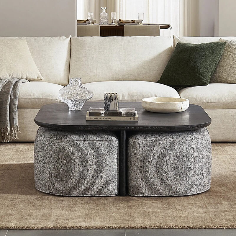 Modern Oval Solid Wood Coffee Table with Velvet Stool