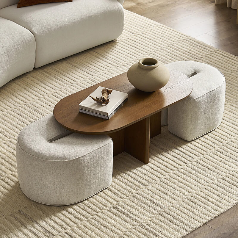Modern Oval Solid Wood Coffee Table with Velvet Stool