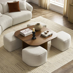 Modern Oval Solid Wood Coffee Table with Velvet Stool