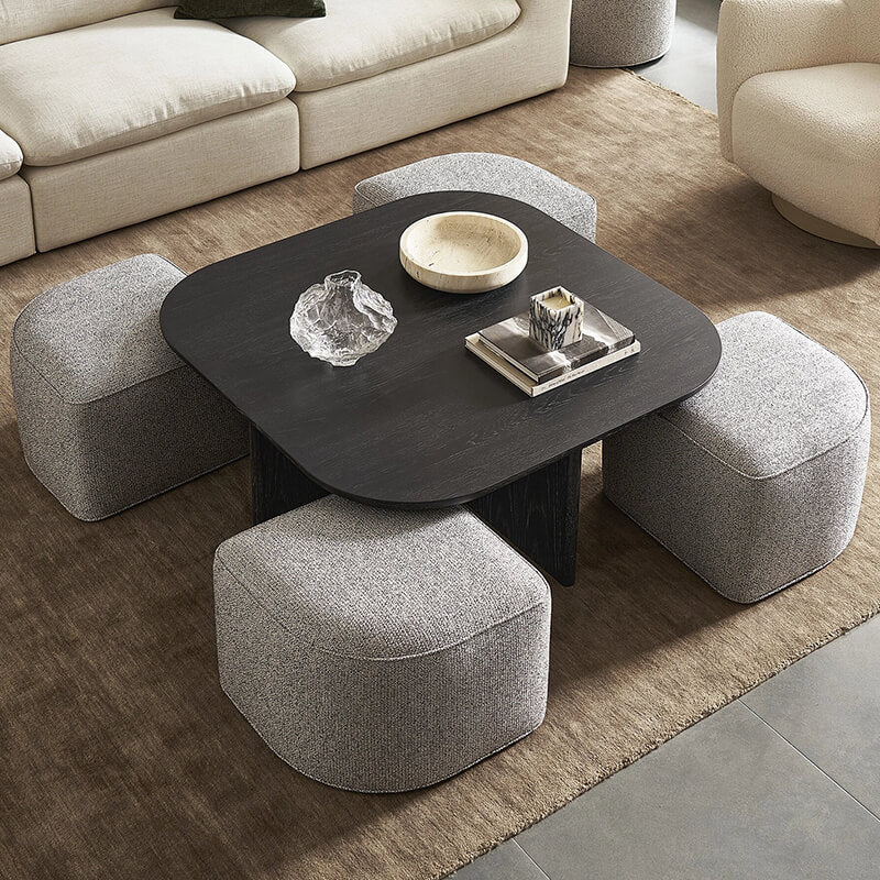 Modern Oval Solid Wood Coffee Table with Velvet Stool