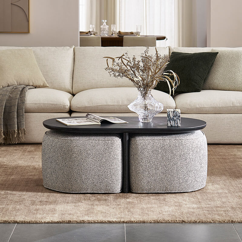 Modern Oval Solid Wood Coffee Table with Velvet Stool