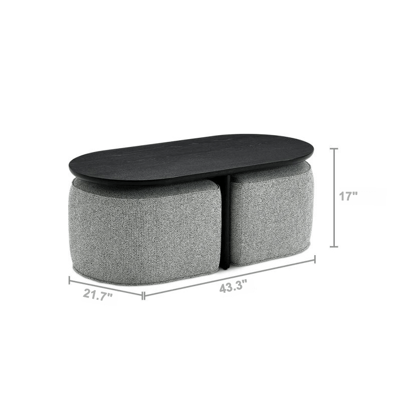 Modern Oval Solid Wood Coffee Table with Velvet Stool Dimensions