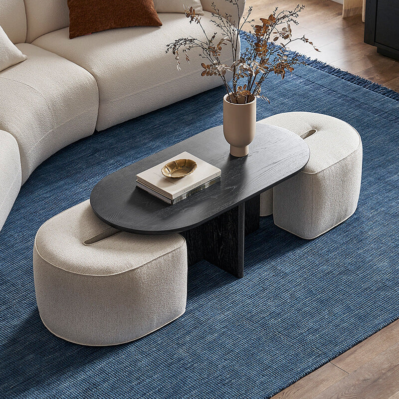 Modern Oval Solid Wood Coffee Table with Velvet Stool Main Product Image