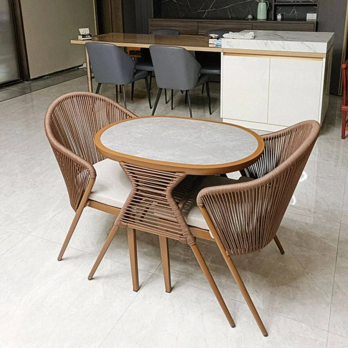 Modern Oval Stone Top Coffee Table with Metal Frame and Storage