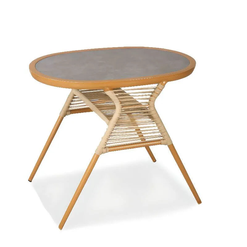 Modern Oval Stone Top Coffee Table with Metal Frame and Storage