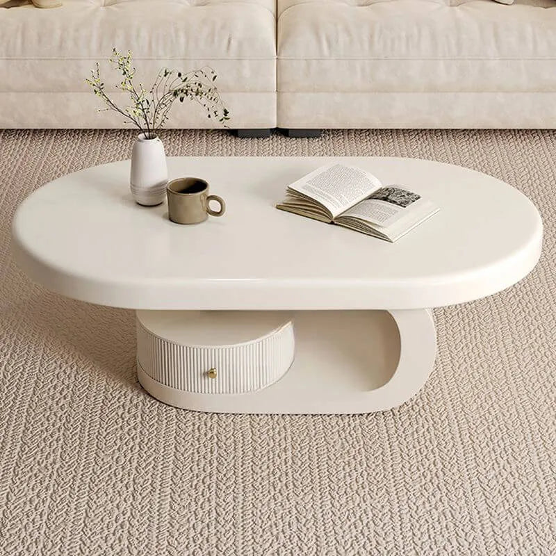 Modern Oval Wood Coffee Table with Shelf and Drawer