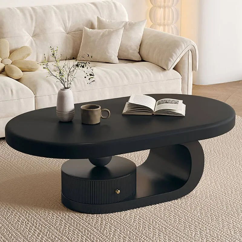 Modern Oval Wood Coffee Table with Shelf and Drawer