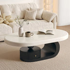 Modern Oval Wood Coffee Table with Shelf and Drawer