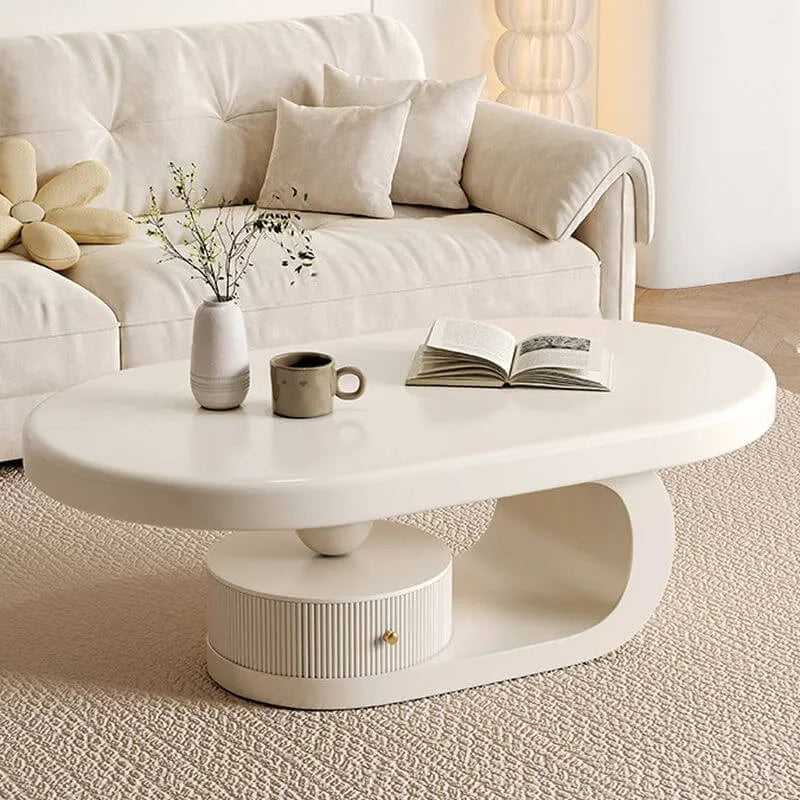 Modern Oval Wood Coffee Table with Shelf and Drawer
