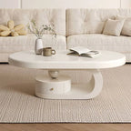 Modern Oval Wood Coffee Table with Shelf and Drawer