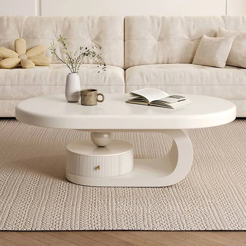 Modern Oval Wood Coffee Table with Shelf and Drawer