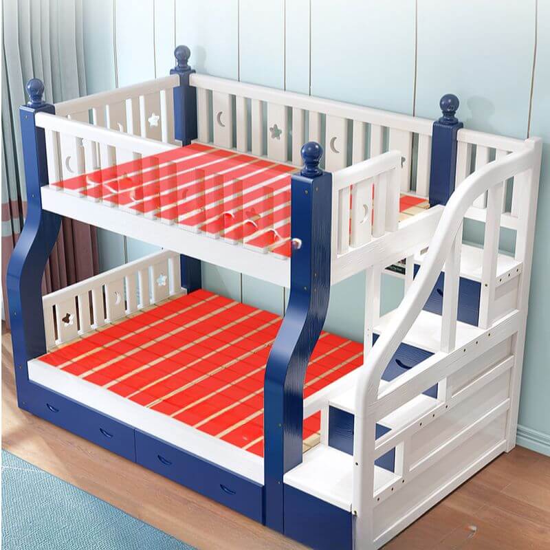 Modern Pine Bunk Bed with Bookshelf, Drawers, and Ladder