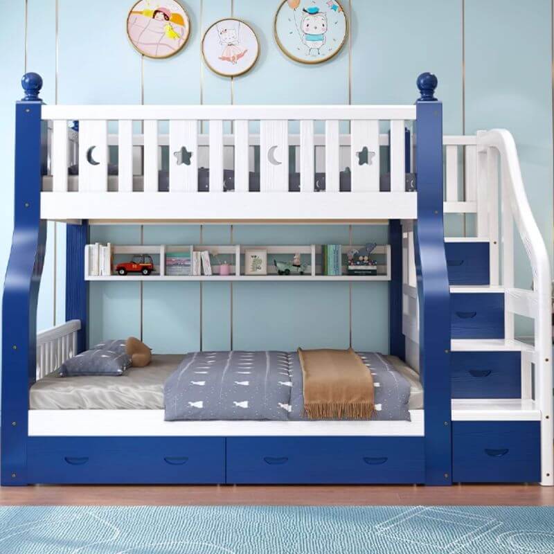 Modern Pine Bunk Bed with Bookshelf, Drawers, and Ladder