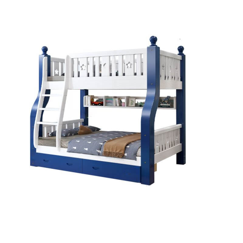 Modern Pine Bunk Bed with Bookshelf, Drawers, and Ladder