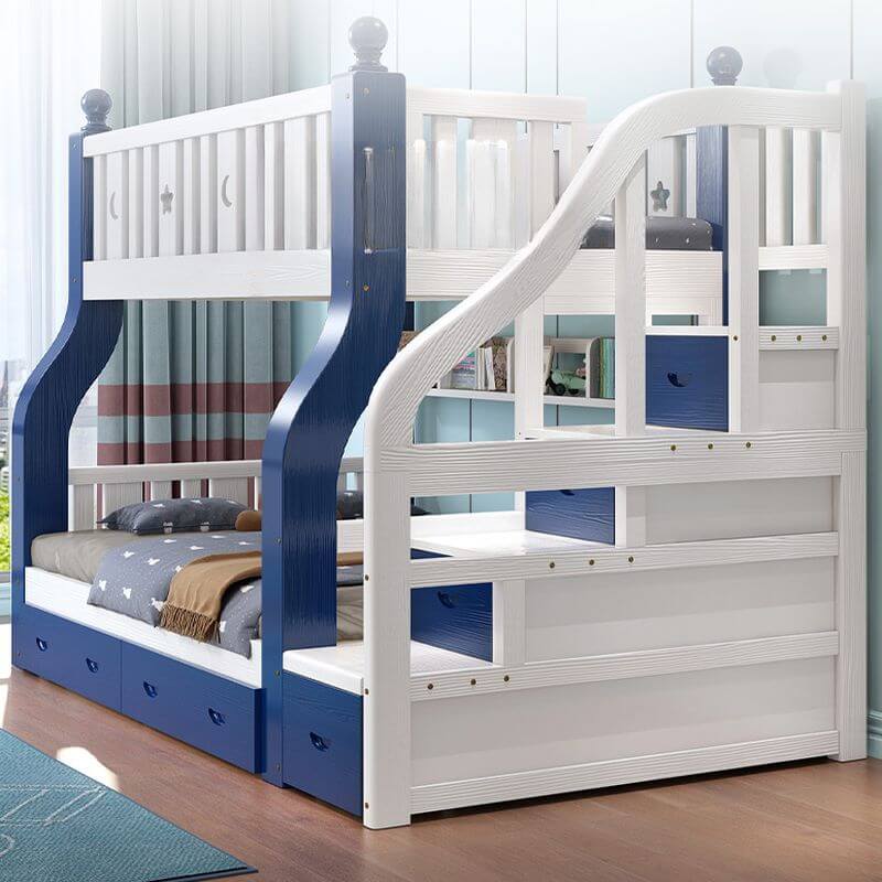 Modern Pine Bunk Bed with Bookshelf, Drawers, and Ladder