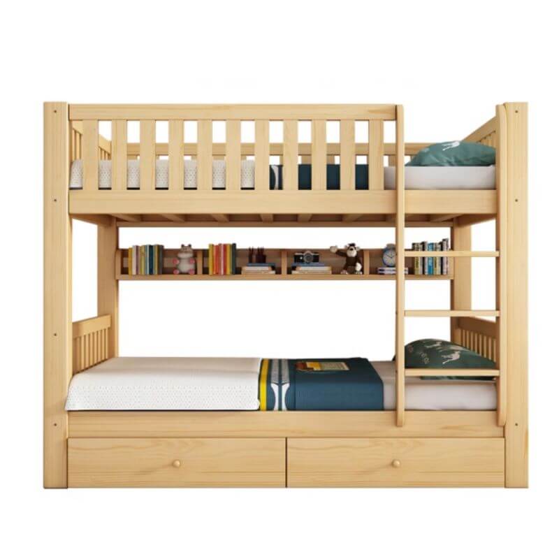 Modern Pine Bunk Bed with Drawers - Natural Wood Finish