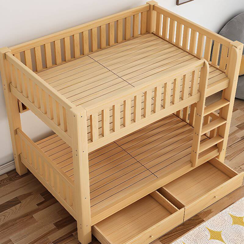 Modern Pine Bunk Bed with Drawers - Natural Wood Finish
