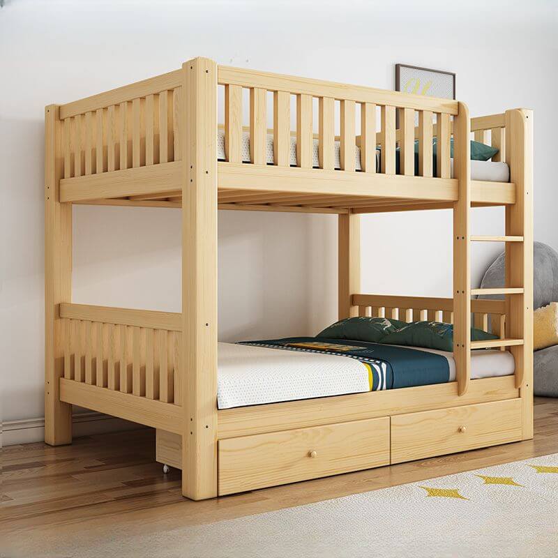 Modern Pine Bunk Bed with Drawers - Natural Wood Finish