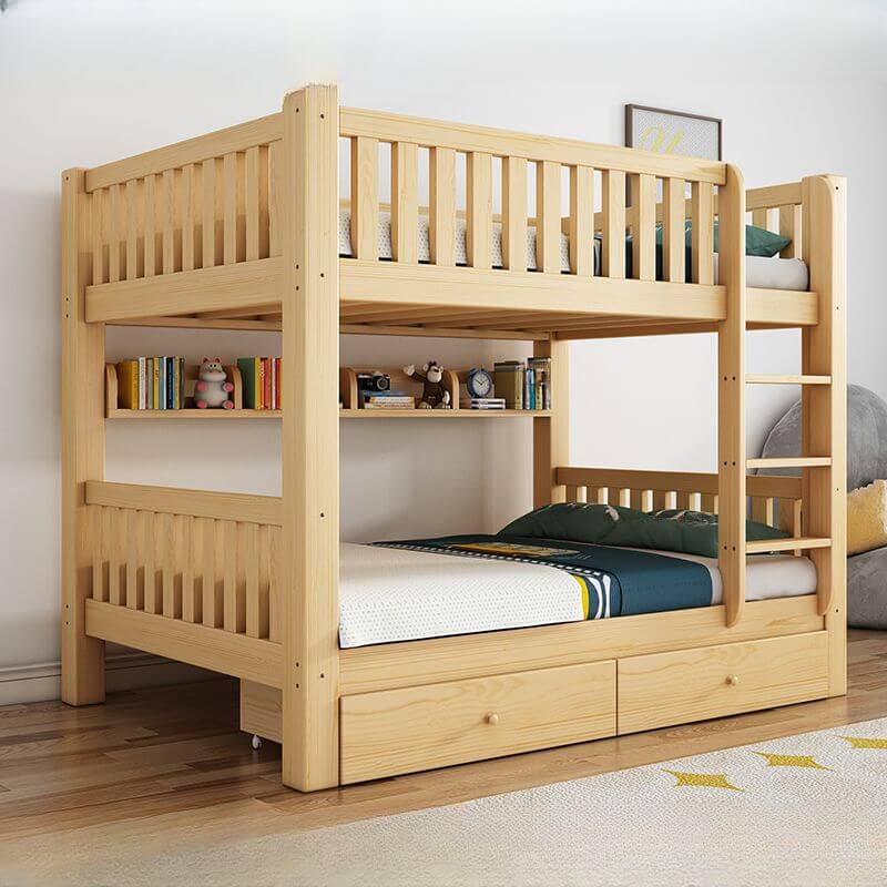 Modern Pine Bunk Bed with Drawers - Natural Wood Finish
