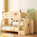 Modern Pine Bunk Bed with Mattress, Bookshelf, and Ladder in Natural Finish