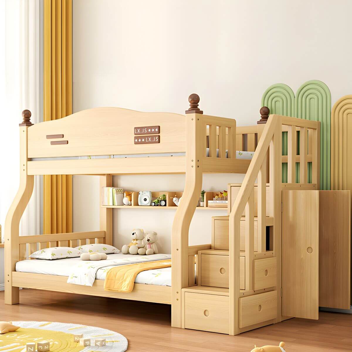 Modern Pine Bunk Bed with Mattress, Bookshelf, and Ladder in Natural Finish